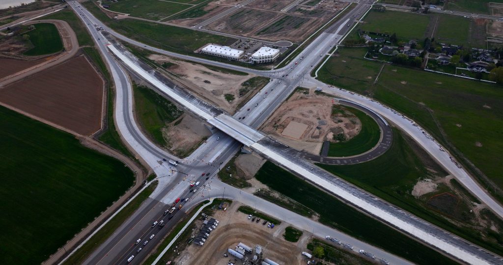 Aerial view of construction at the future SH-16/US-20/26 Interchange.