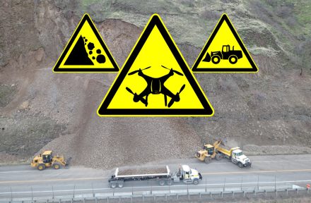 Drone image of the US-12 emergency rock scaling project near Arrow Bridge in District 2. Three yellow construction icons can be seen in the center of the background. The icon on the left is a slope with falling rocks, the icon in the center is a drone and the last one on the right is a loader.