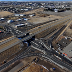 Aerial view of US-20 Exit 332 into Rexburg showing completed Diverging Diamond Interchange configuration.