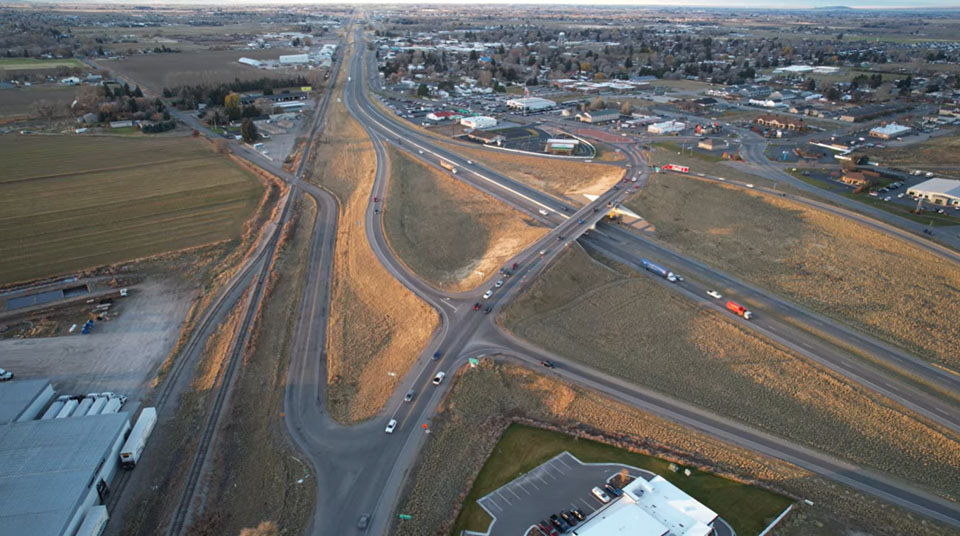 Aerial view of US-20 North Rigby Exit during morning travel time.