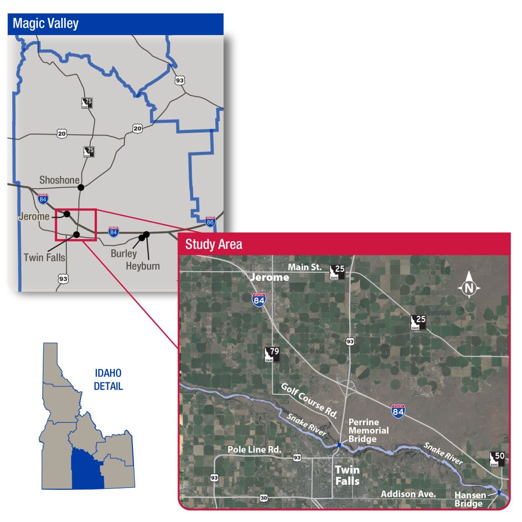 An map of Idaho with an inset of the Magic Valley. The Perrine and Hansen Bridges over the Snake River are highlighted.