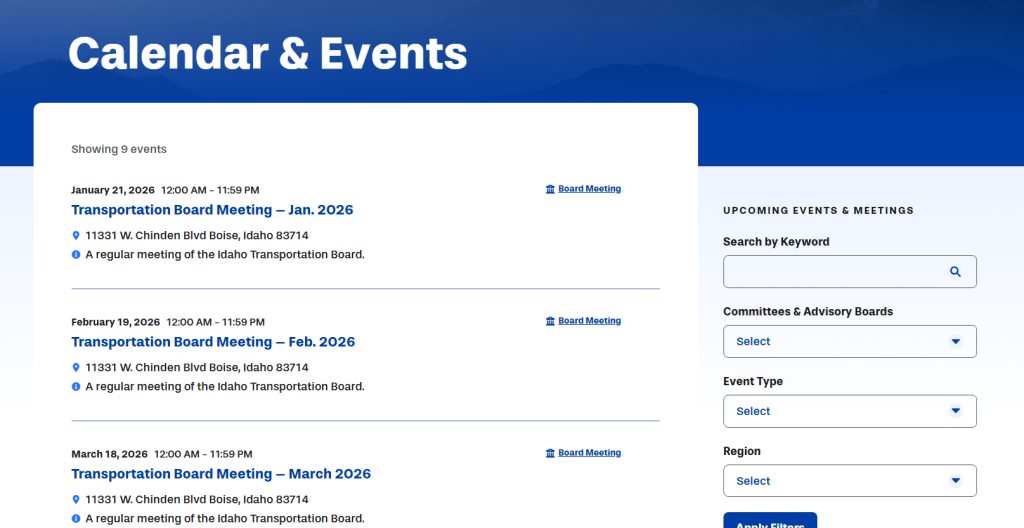 A website screenshot showing a list of meetings.
