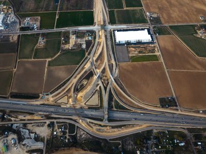 Aerial view of the I-84/SH-16 System Interchange, March 2026