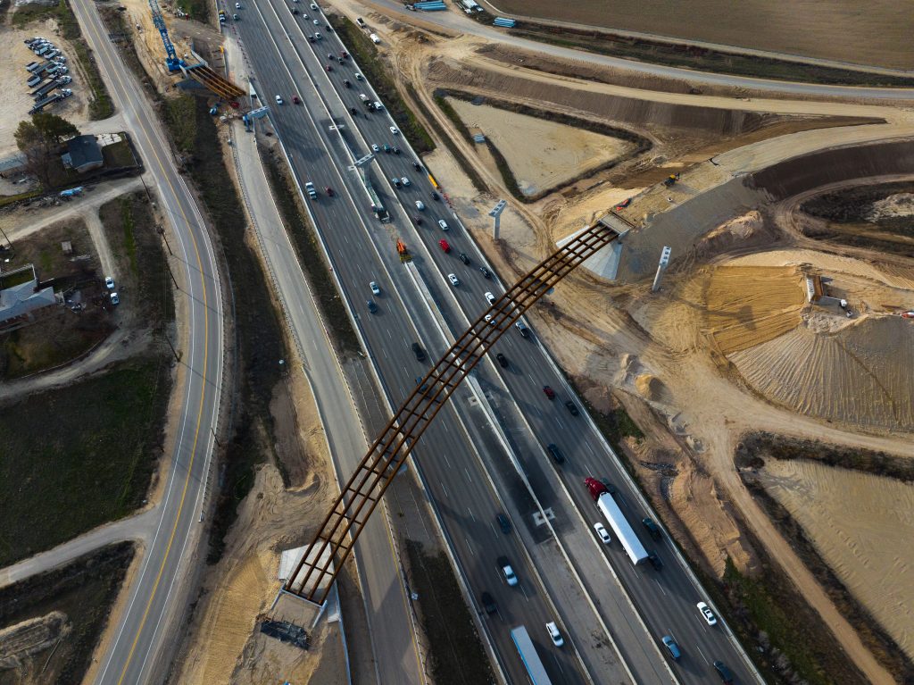 SH-16 girder being placed over I-84, March 2026. 