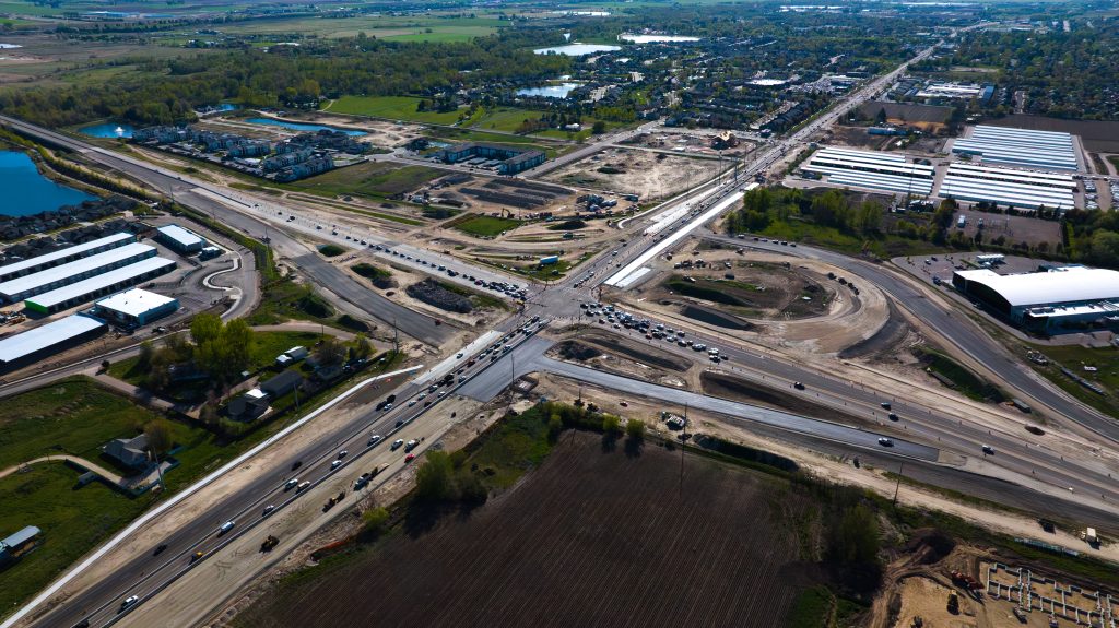 Aerial view of construction at the future SH-16/SH-44 Interchange.