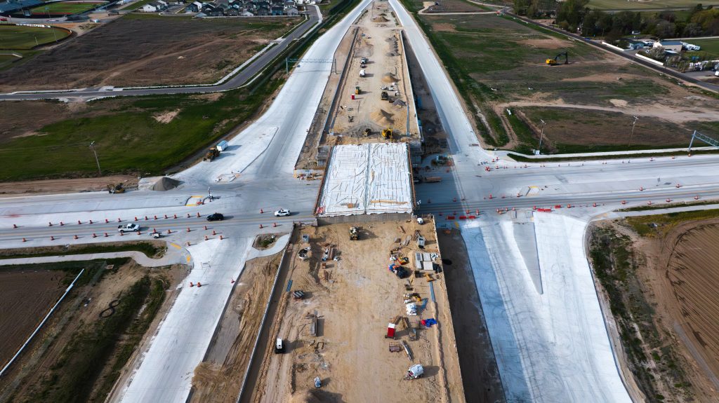 Aerial view of construction at the future SH-16/Ustick Road Interchange.