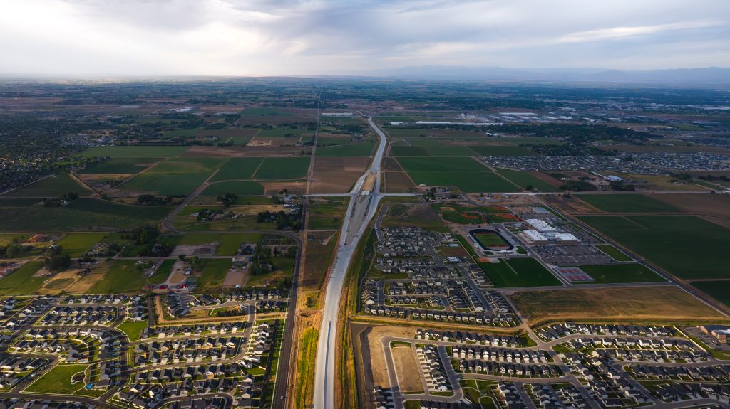 Aerial view of the SH-16/Ustick Road Interchange. 