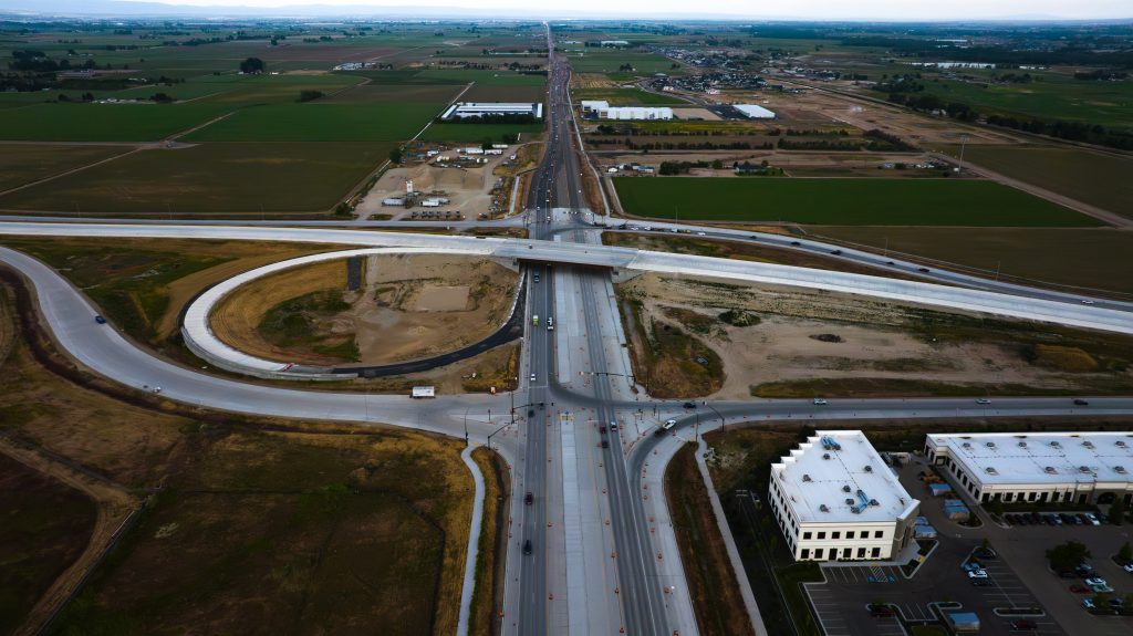 Aerial view of construction at the future SH-16/US-20/26 Interchange.