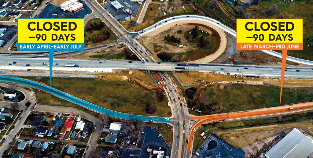 Photo of the 10th Avenue Interchange in Caldwell with graphics pointing out eastbound ramp closures.