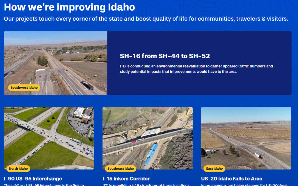 A screenshot showing several ITD construction projects.