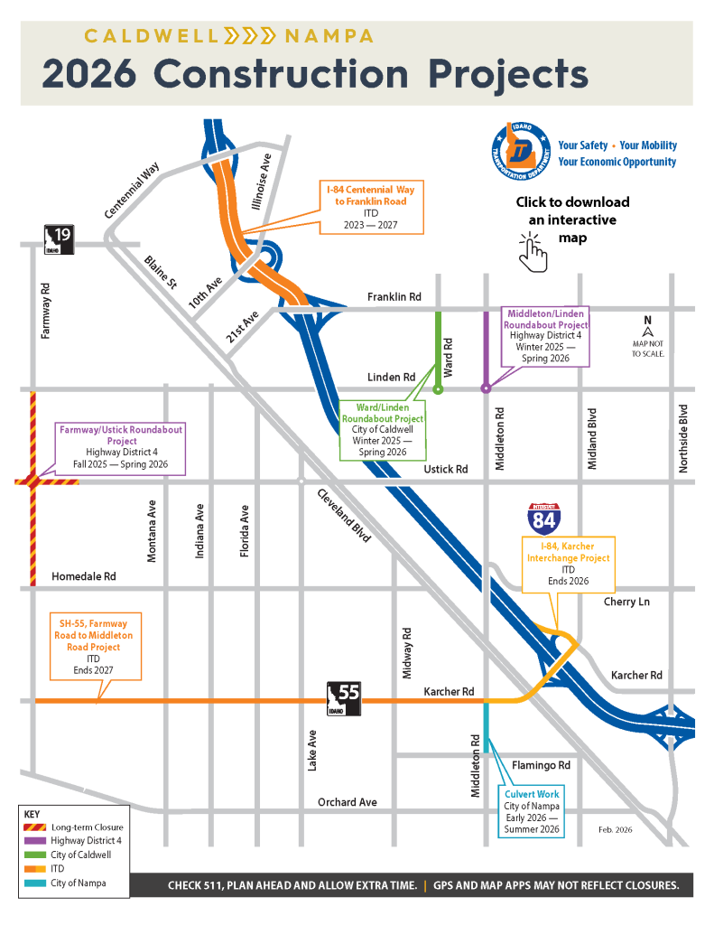 Map of I-84, Centennial to Franklin project area and other nearby projects.