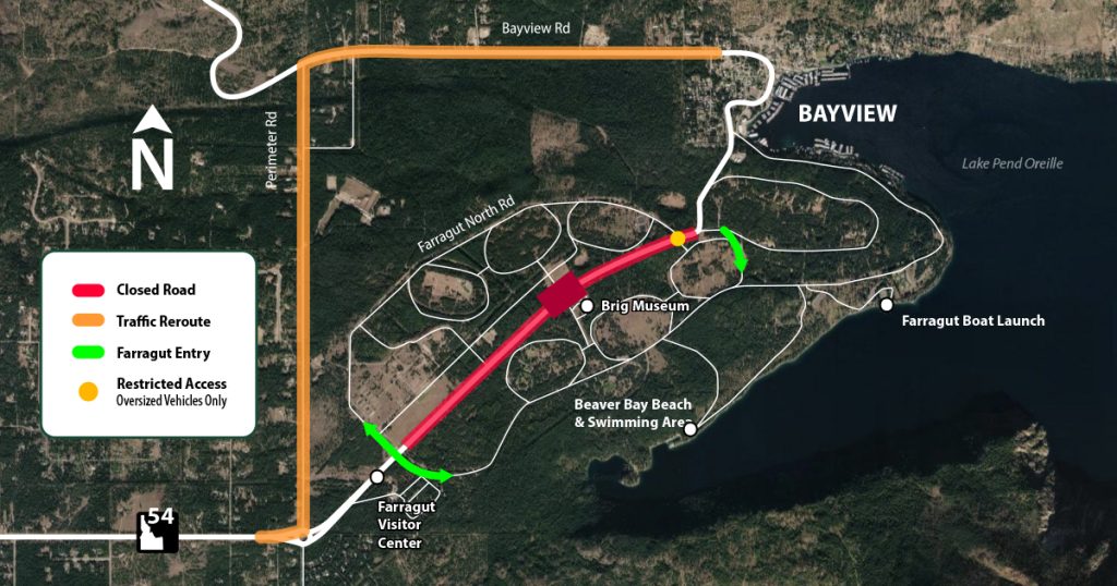 Map showing detour route from the traffic circle to Bayview while also showing closure area on SH-54 in red and alternate access points into Farragut State Park. 