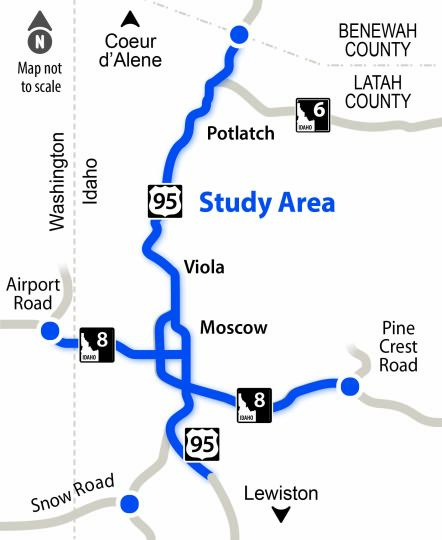 Map of the US-95 and SH-8 study area in north-central Idaho near the Washington border. The highlighted blue corridor runs north-south along US-95 from south of Moscow to north of Potlatch, with connections along SH-8 west to Airport Road and east toward Pine Crest Road. Key locations labeled include Moscow, Viola, and Potlatch. Major highways shown are US-95 and SH-8, with highway shields marking each route. County boundaries for Latah County and Benewah County are labeled, along with the direction to Coeur d’Alene to the north and Lewiston to the south. Several blue dots indicate key points along the study area.