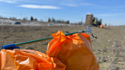 Full, orange trash bags alongside a busy highway.