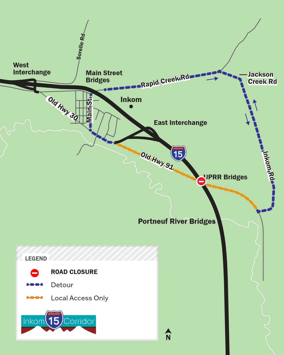 A map showing the detour for Old US-91 traffic into Inkom.