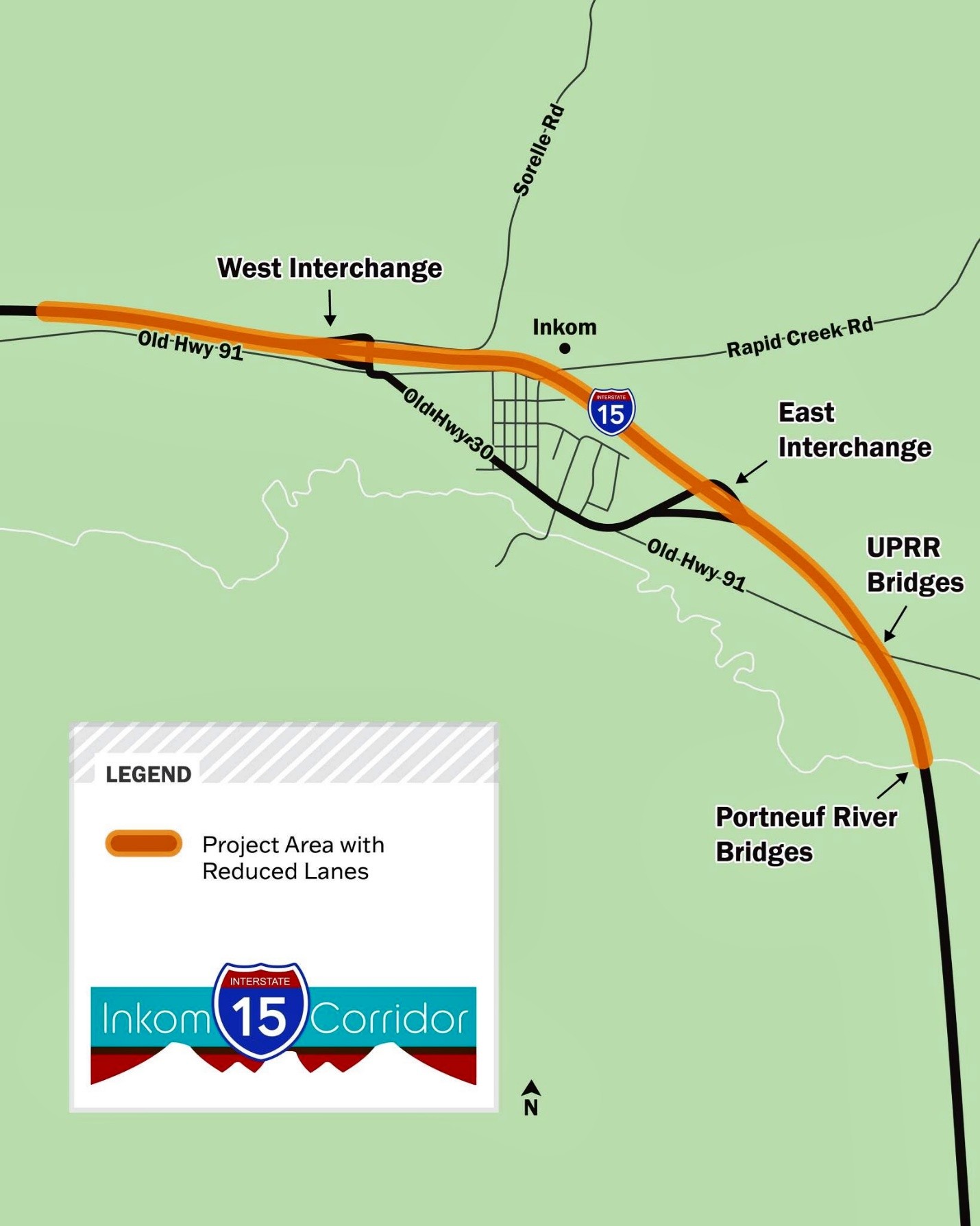 Map showing construction area at Inkom on I-15