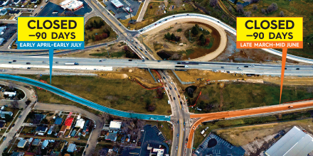 Overhead photo of the I-84 Caldwell exit with graphic callouts marking each ramp closed for 90 days. Eastbound March to June and westbound April to July.