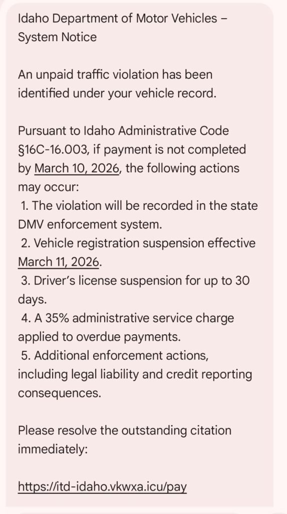 Example scam text asking someone to pay a citation at a false DMV web address.