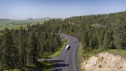 Aerial view of a mountainous curve of US-95 in Latah County, Idaho.