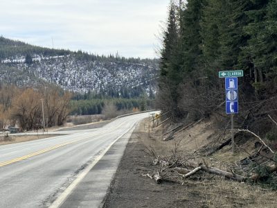 Straight stretch of SH-3 with a road sign on the shoulder pointing to Clarkia