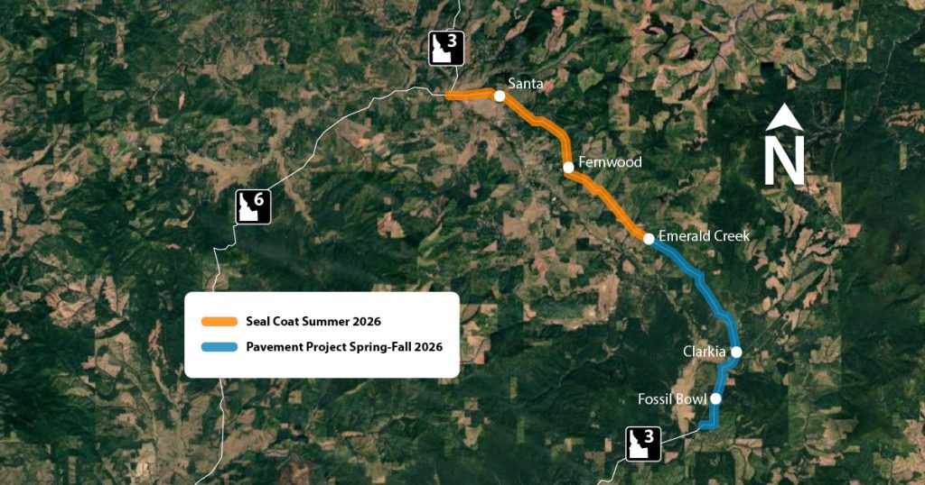 An orange line depicts the work zone for the SH-3 sealcoat project extending from the SH-6 Junction to Emerald Creek. The work zone for the adjacent paving project to the south is highlighted in blue from Emerald Creek to south of Clarkia. 