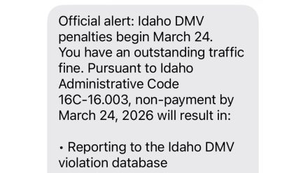 Scam text indicating an outstanding traffic fine is due.