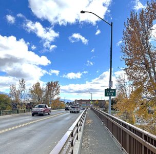 US-93 bridge over the Salmon River, facing east roadside and looking at Main Street Salmon, Idaho.