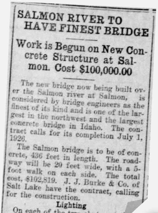 Historic newspaper column headlining the US-93 Salmon River Bridge when first built in 1926.