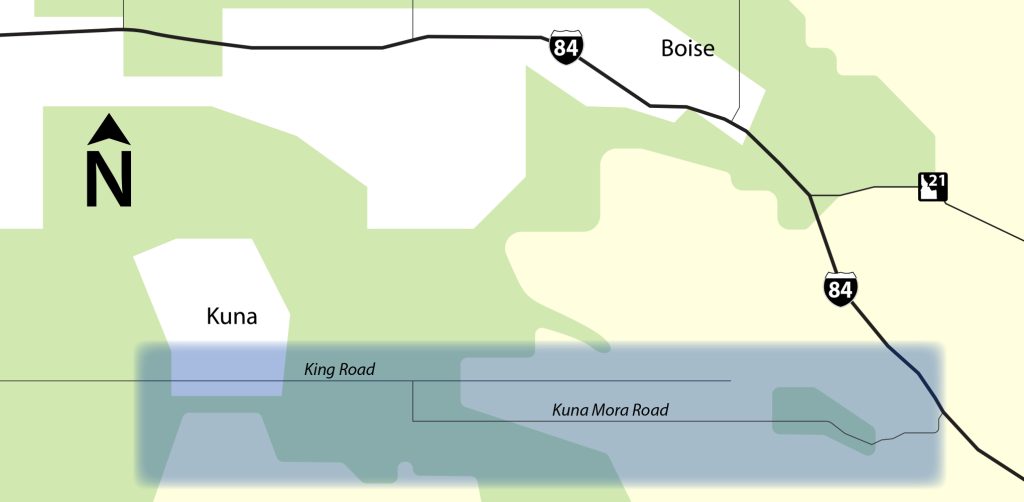 Map of the study area south of Boise near Kuna, oriented north (arrow shown). The highlighted corridor extends east–west along King Road and Kuna Mora Road. Nearby reference routes include Interstate 84 running northwest–southeast and State Highway 21 to the northeast, with the cities of Boise and Kuna labeled for context.