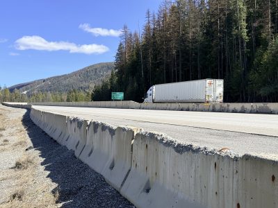 Crumbling barrier along I-90 near the top of Lookout Pass.