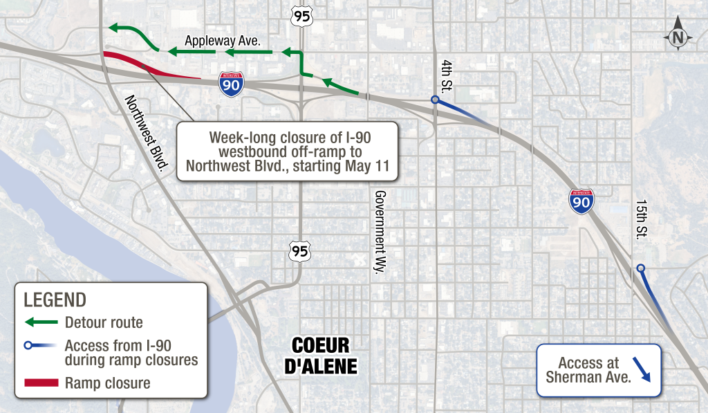 Map showing I-90 drivers should exit at US-95 and take Appleway Avenue as the detour route to get to Northwest Boulevard.