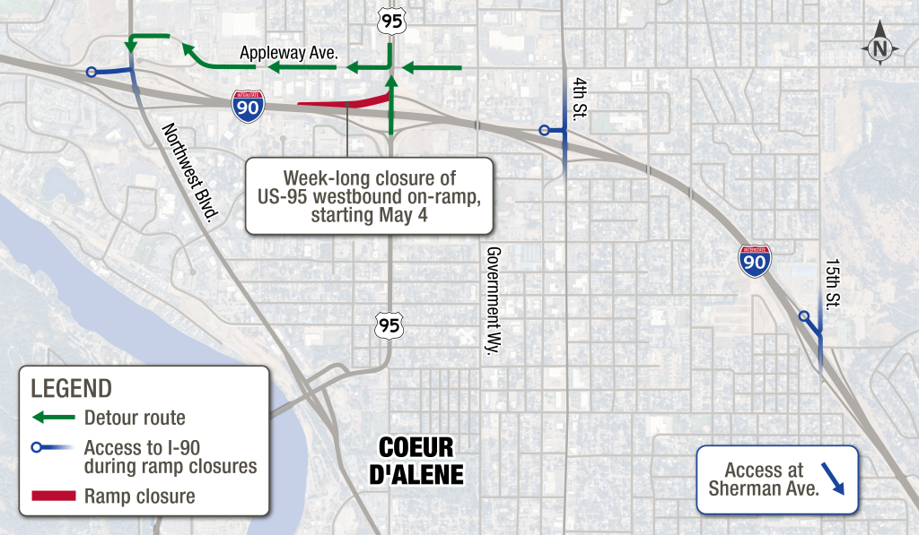 Map showing drivers on US-95 that they should use Appleway Avenue to detour to Northwest Boulevard to access I-90 in light of an upcoming US-95 on-ramp closure. The map also highlights other interchanges in the Coeur d'Alene area that could be used to access I-90.
