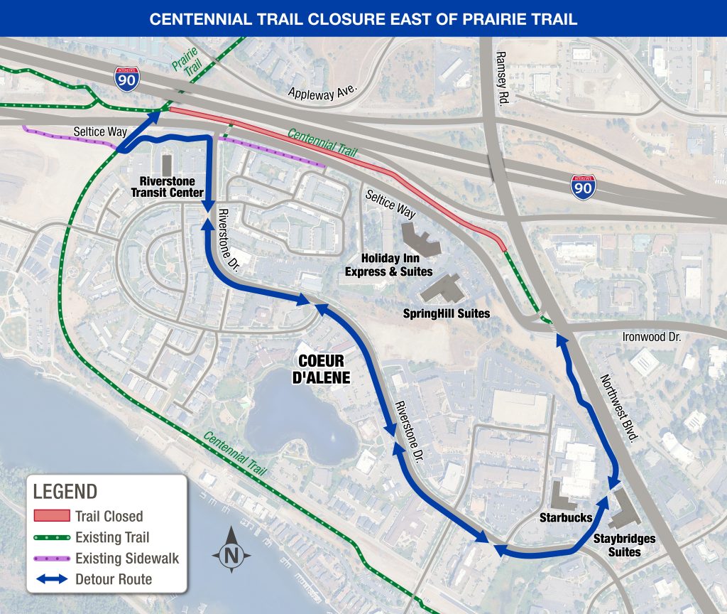 Detour map showing the Centennial Trail being closed between the Prairie Trail and Riverstone. Trail users are recommended to detour using Riverstone Drive.