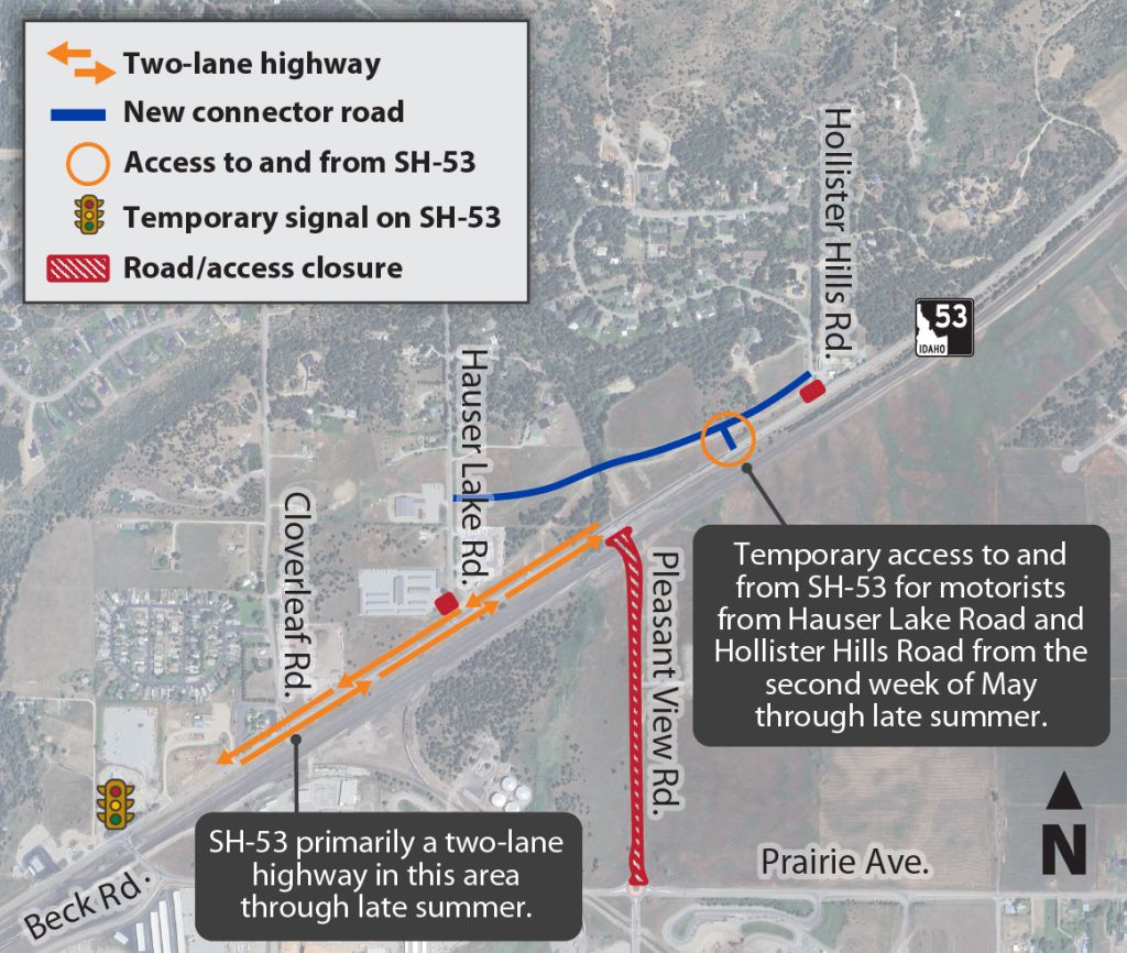 Orange arrows showing where turn lane reductions will occur on SH-53 between Cloverleaf Road and Hauser Lake Road. A blue line indicates the new connector road between Hauser Lake Road and Hollister Hills Road, as well as a new temporary intersection with SH-53.