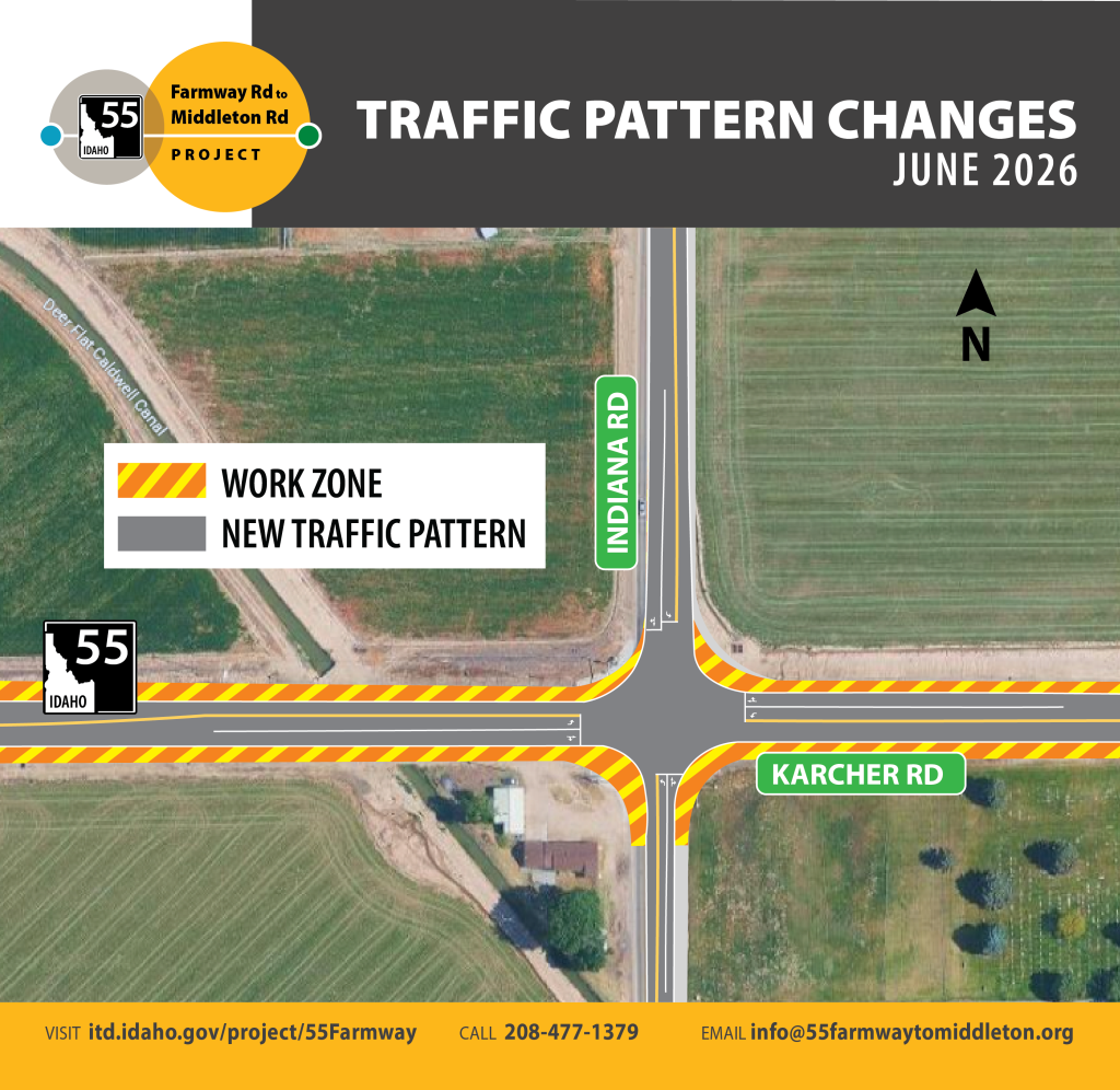 New traffic pattern at SH-55/Indiana Ave intersection begins June 24. There will be one lane open in each direction and a dedicated left lane at the intersection.