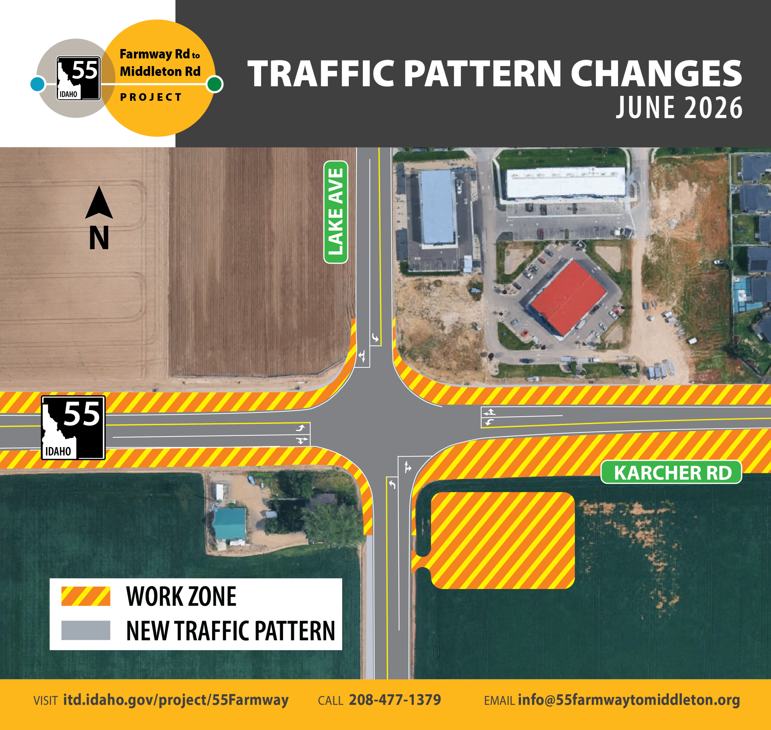New traffic pattern at SH-55/Lake Ave intersection begins June 11. There will be one lane open in each direction and dedicated left and right turn lanes at the intersection.