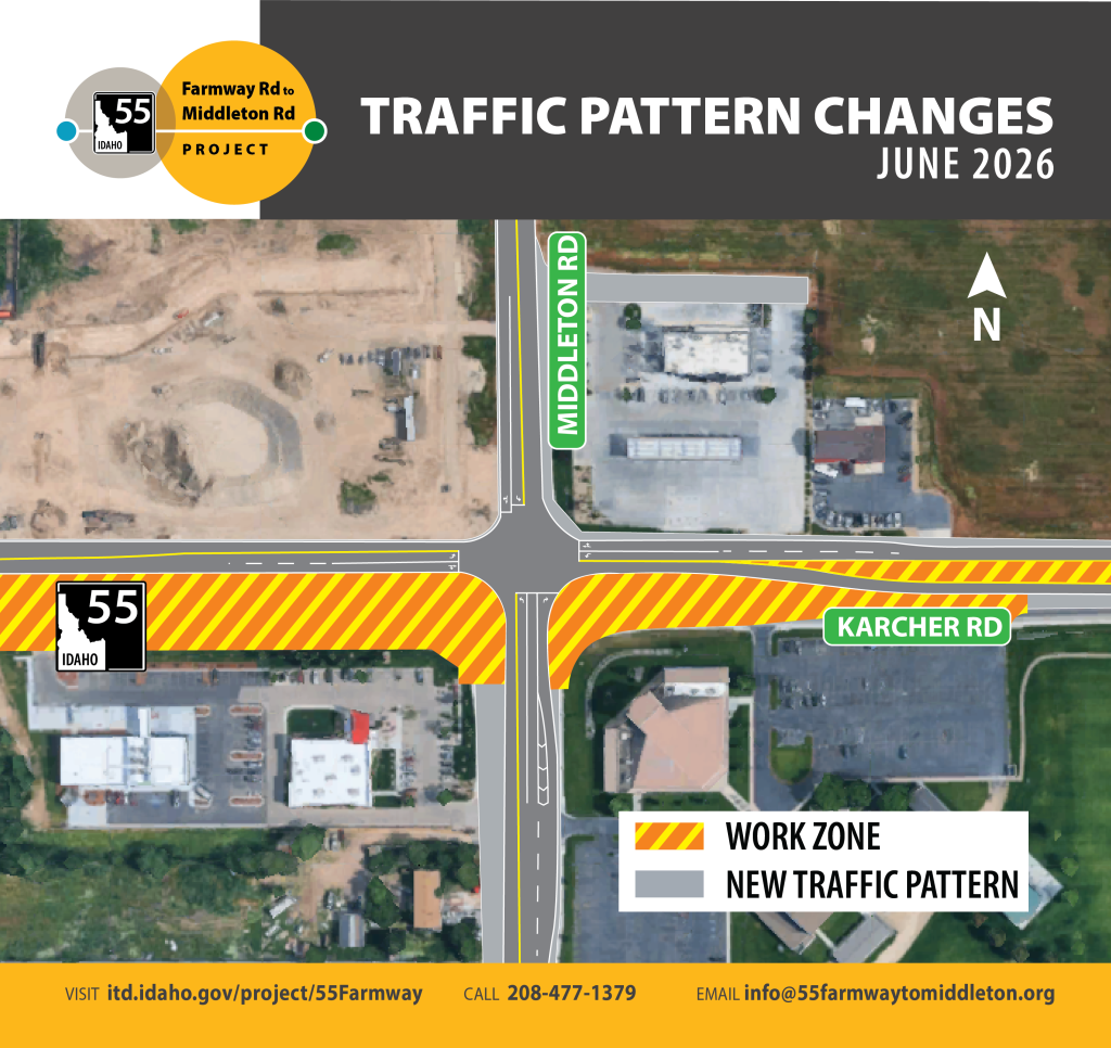 New traffic pattern at SH-55/Middleton Rd intersection begins June 18. There will be one lane open in each direction and dedicated left and right turn lanes at the intersection.