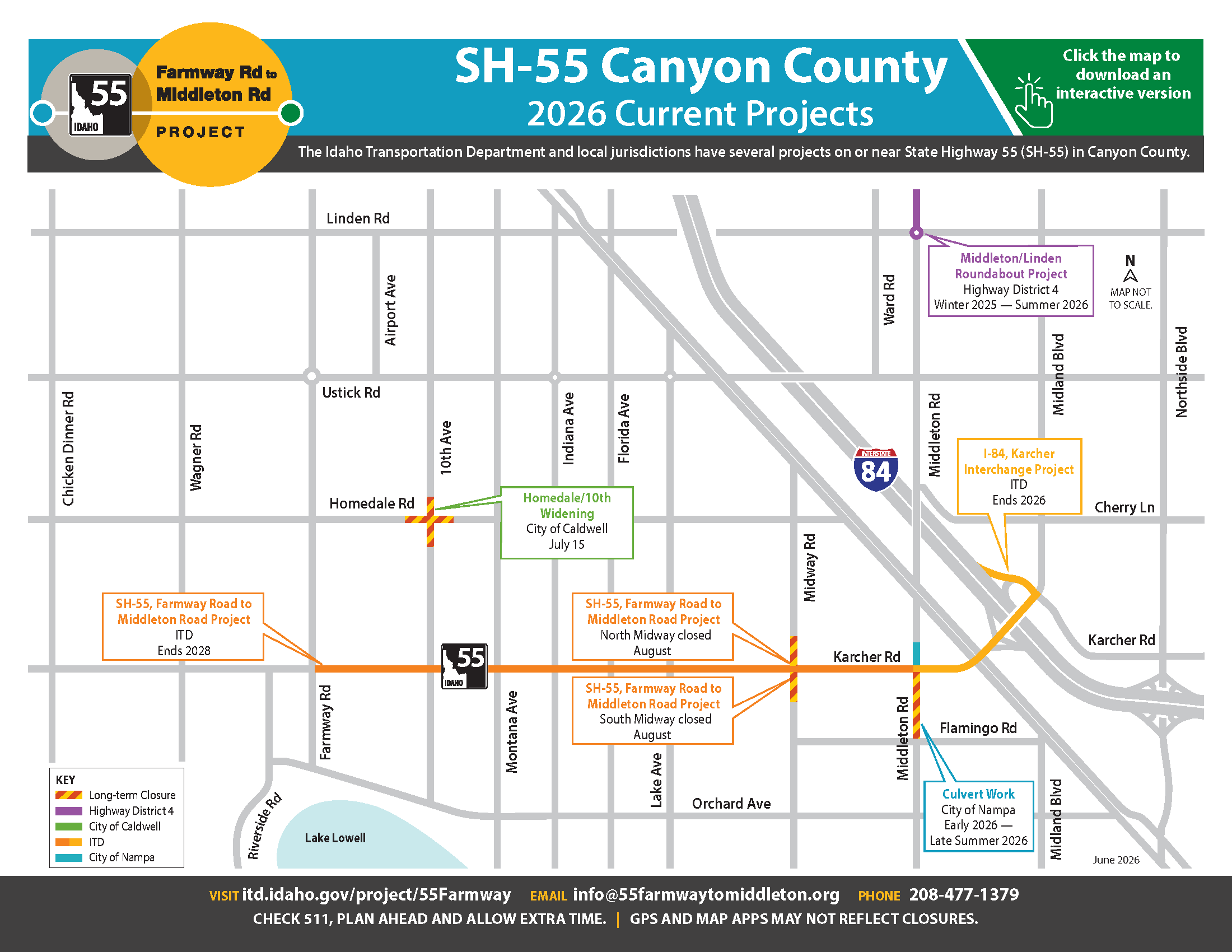 Map of Canyon County showing projects in the area, their timeline and who is in charge of the project. Click to download interactive version.