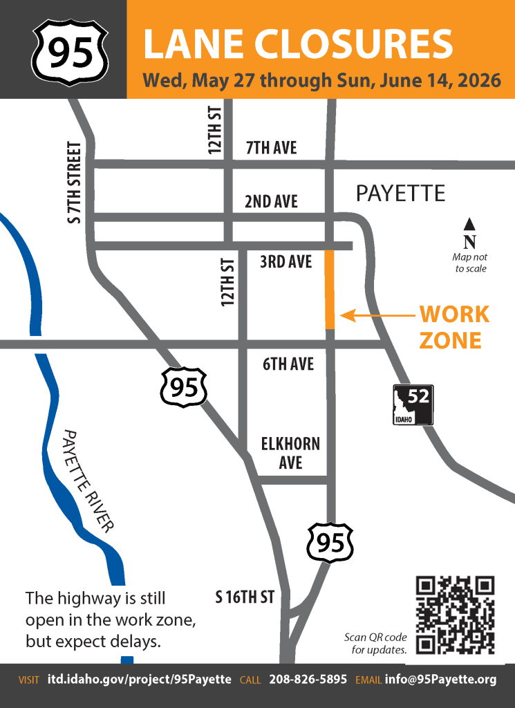 Lane closure map of Payette with US-95 between 3rd Avenue and 6th Avenue highlighted orange and labeled work zone. 