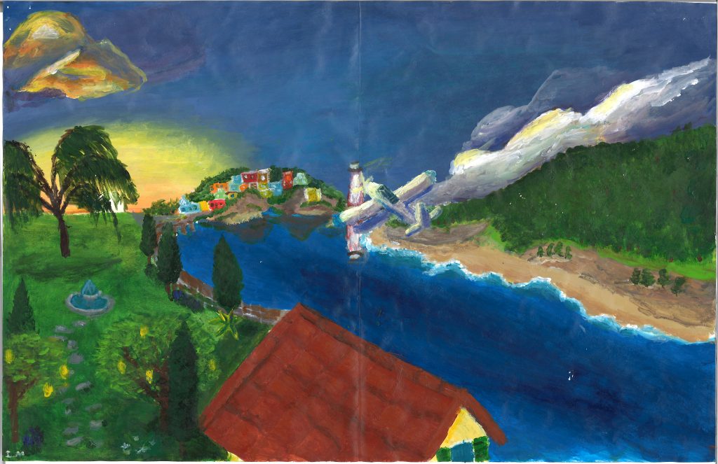A child's drawing of a white plane over a scenic landscape.