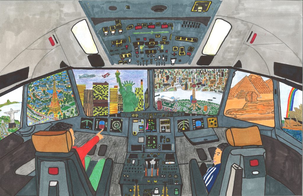 A teen's drawing of the cockpit of an airplane. Each window shows a different scene from around the world.