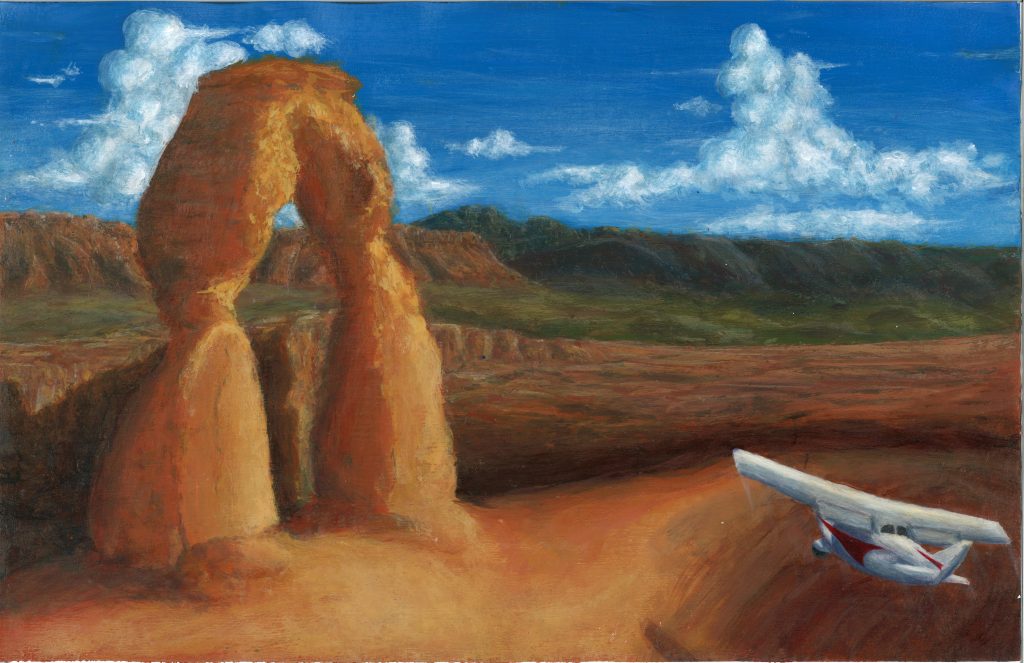 A teen's drawing of Arches National Park and a small white plane.