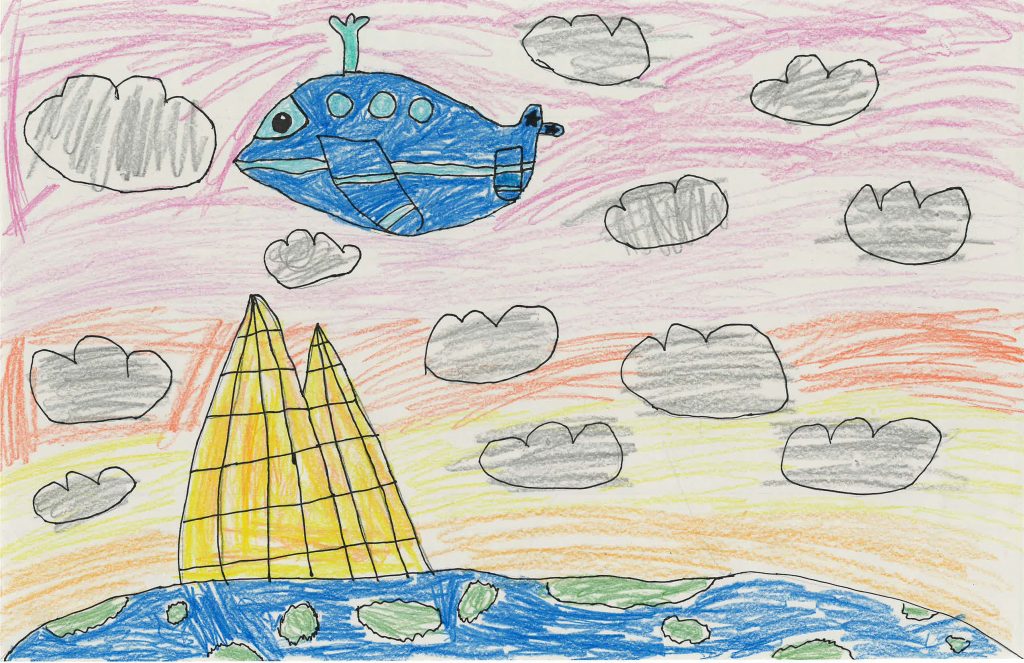 A child's drawing of a plane flying over the earth and pyramids.