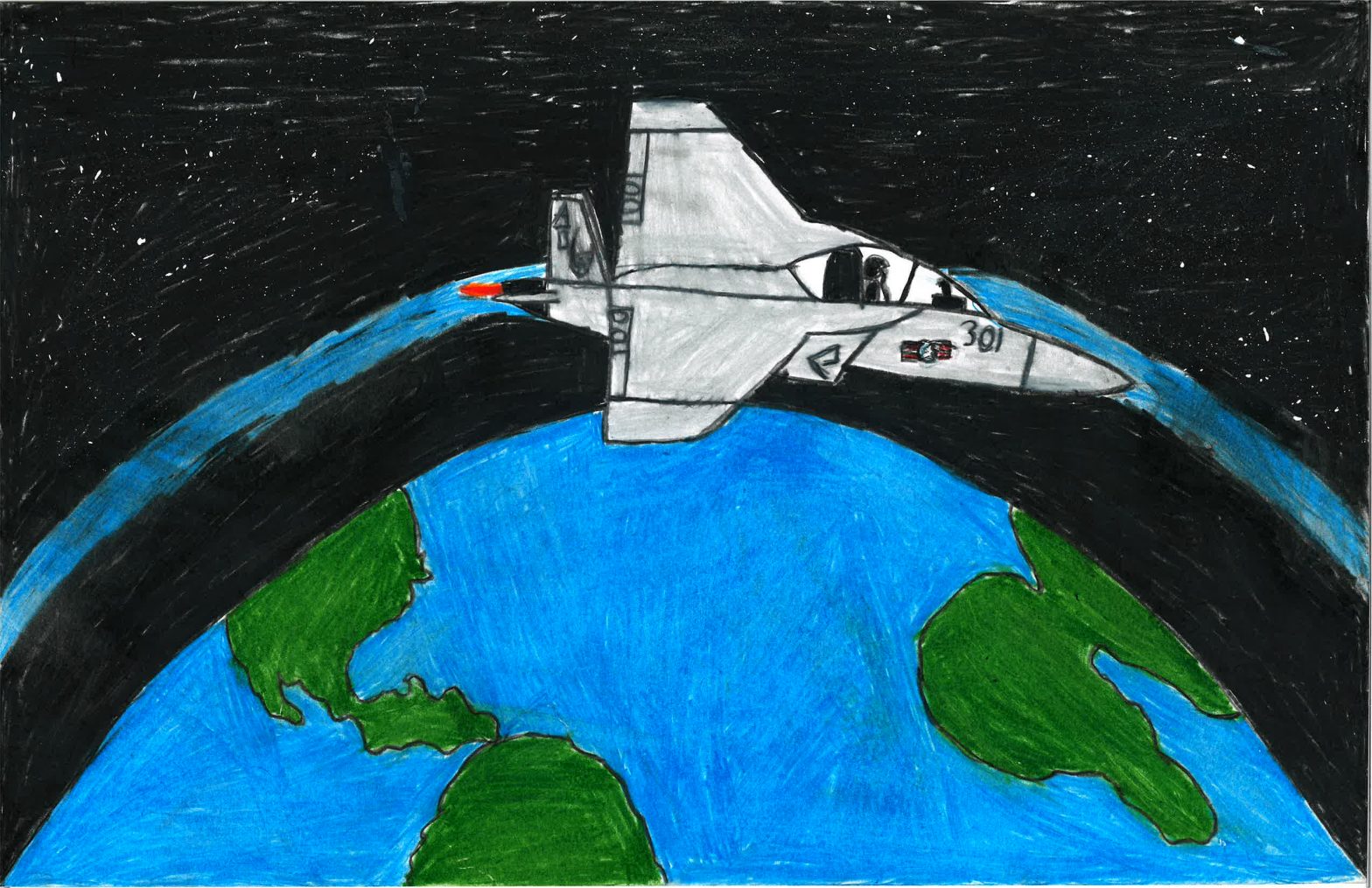A child's drawing of a fighter jet over the earth.