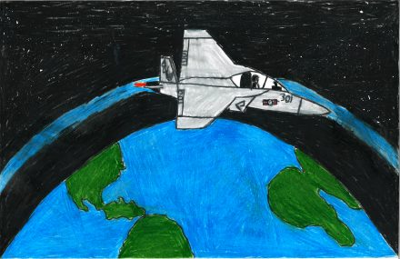 A child's drawing of a fighter jet over the earth.