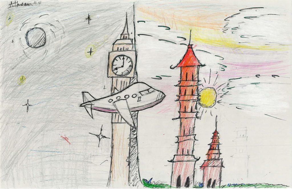A child's artwork of a plane flying between England and Japan.