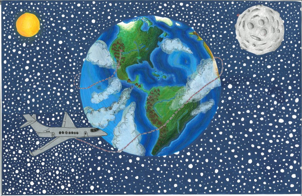 A teen's artwork of a plane flying around the earth with the moon and sun in the background.