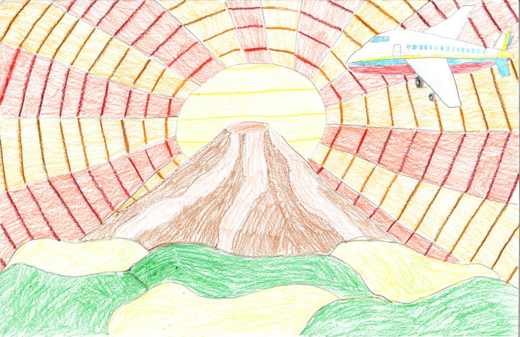 A child's artwork of a plane flying over a mountain.