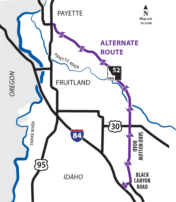 Map of Fruitland and Payette. SH-52 between Payette and Black Canyon Rd (Exit 13) is highlighted purple and labeled "Alternate route".