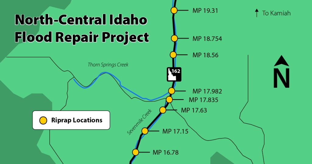 A map graphic titled “North-Central Idaho Flood Repair Project” shows riprap repair locations along State Highway 162 near Sevenmile Creek and Thorn Springs Creek, with mileposts labeled between 16.78 and 19.31 near Kamiah.